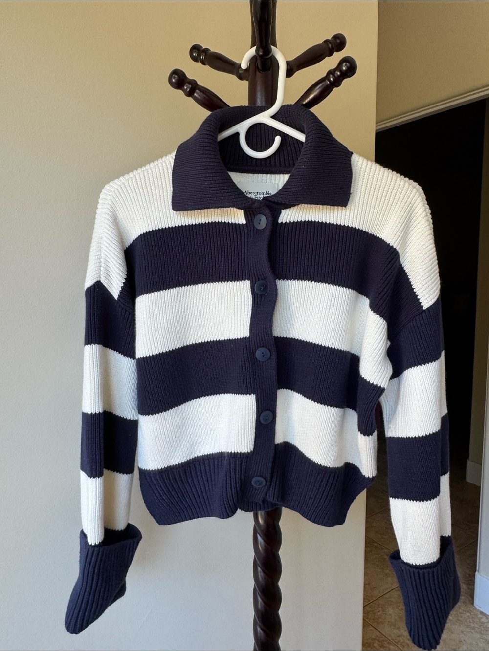 Abercrombie & Fitch Navy and White Striped Button Cardigan